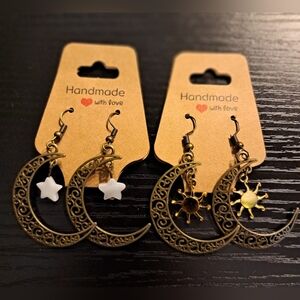 Pair of Bronze Crescent Earrings with Mother of Pearl Star & Goldtone Sun Charm